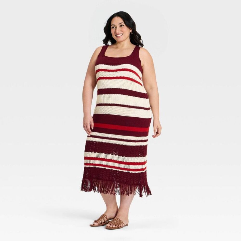 Women's Bodycon Midi Fringe Sweater Dress - A New Day Burgundy Striped 1X